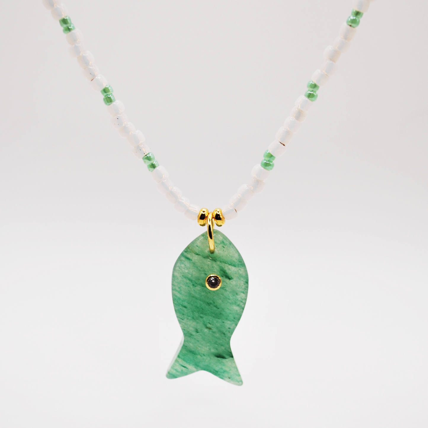 'seafoam minnow' beaded necklace with bold green fish charm