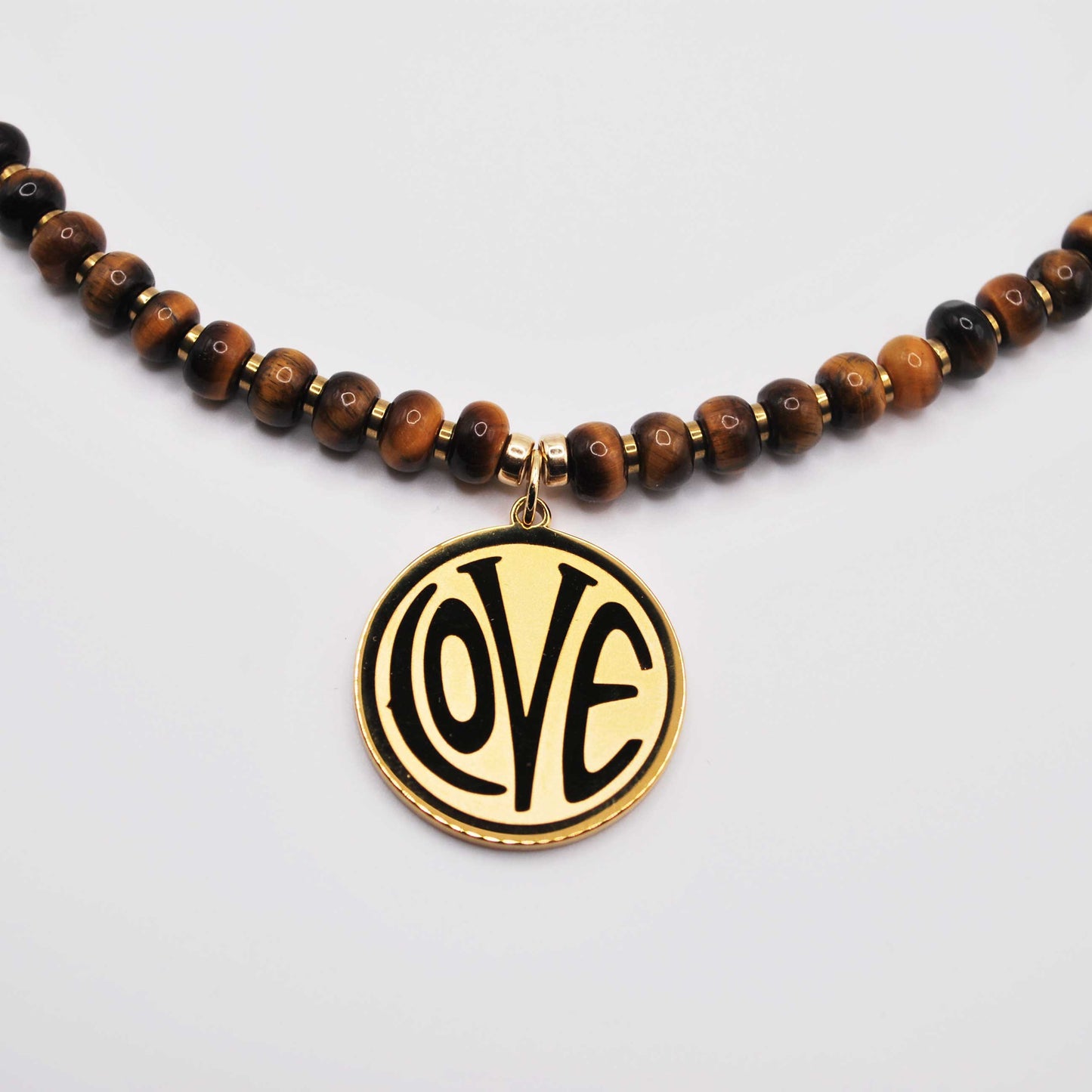'wild love' tiger's eye beaded necklace with gold love charm