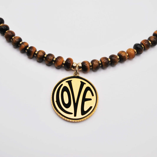 'wild love' tiger's eye beaded necklace with gold love charm