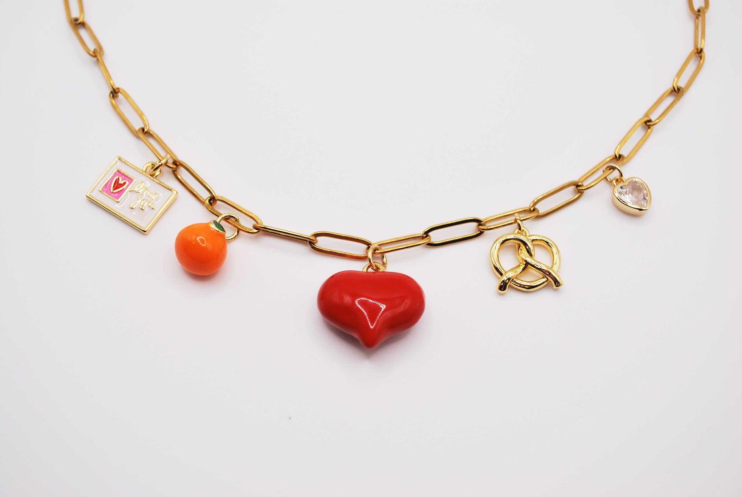 'love note' paperclip chain necklace with mixed charm drop