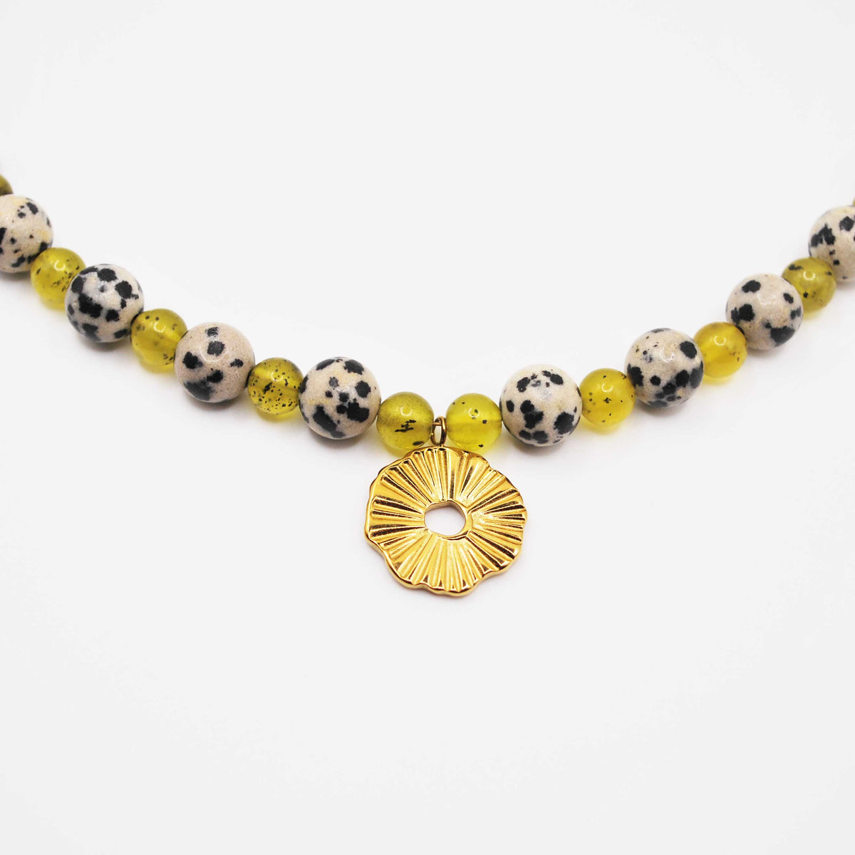 ‘spotted sun’ dalmatian jasper beaded necklace with gold sunburst charm