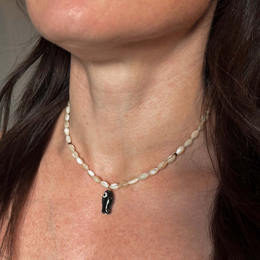 'moonlit minnow' beaded necklace with black fish charm