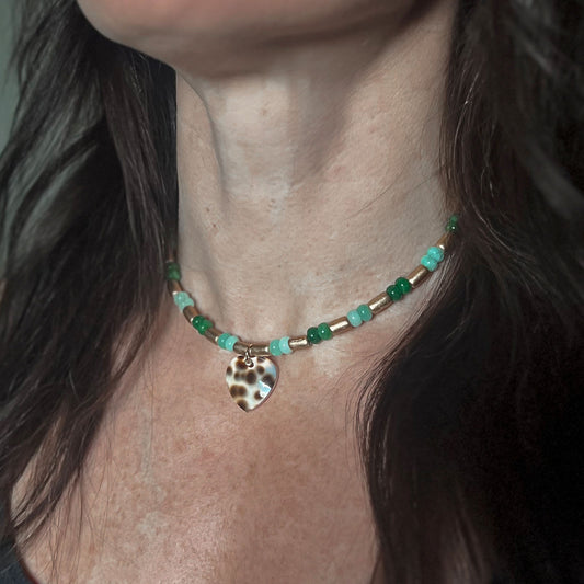 'tide breaker' beaded necklace with tiger cowrie shell heart pendant