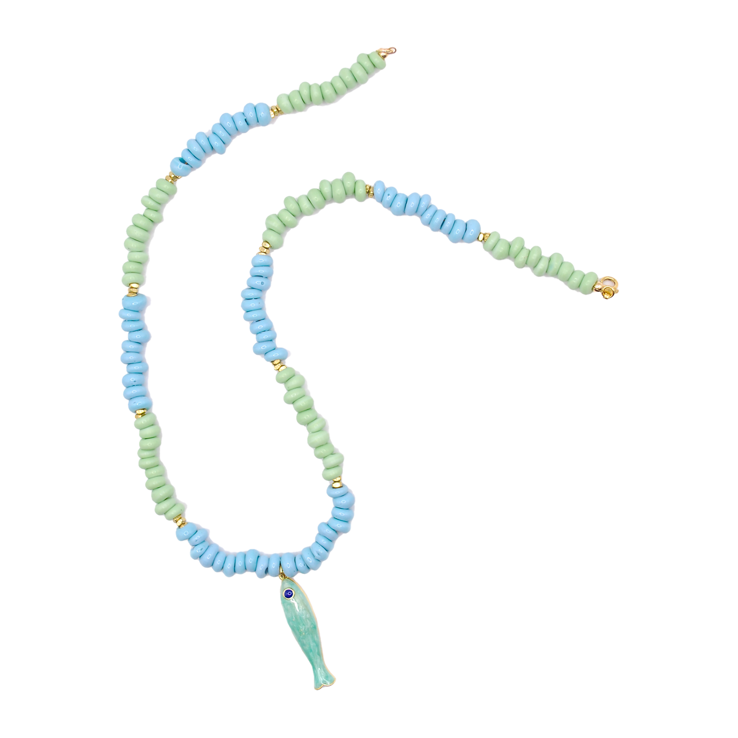 Inspired by naturally tumbled seaglass found along the shore, the 'seaglass' necklace features handcrafted green and blue beads with a green fish charm. 