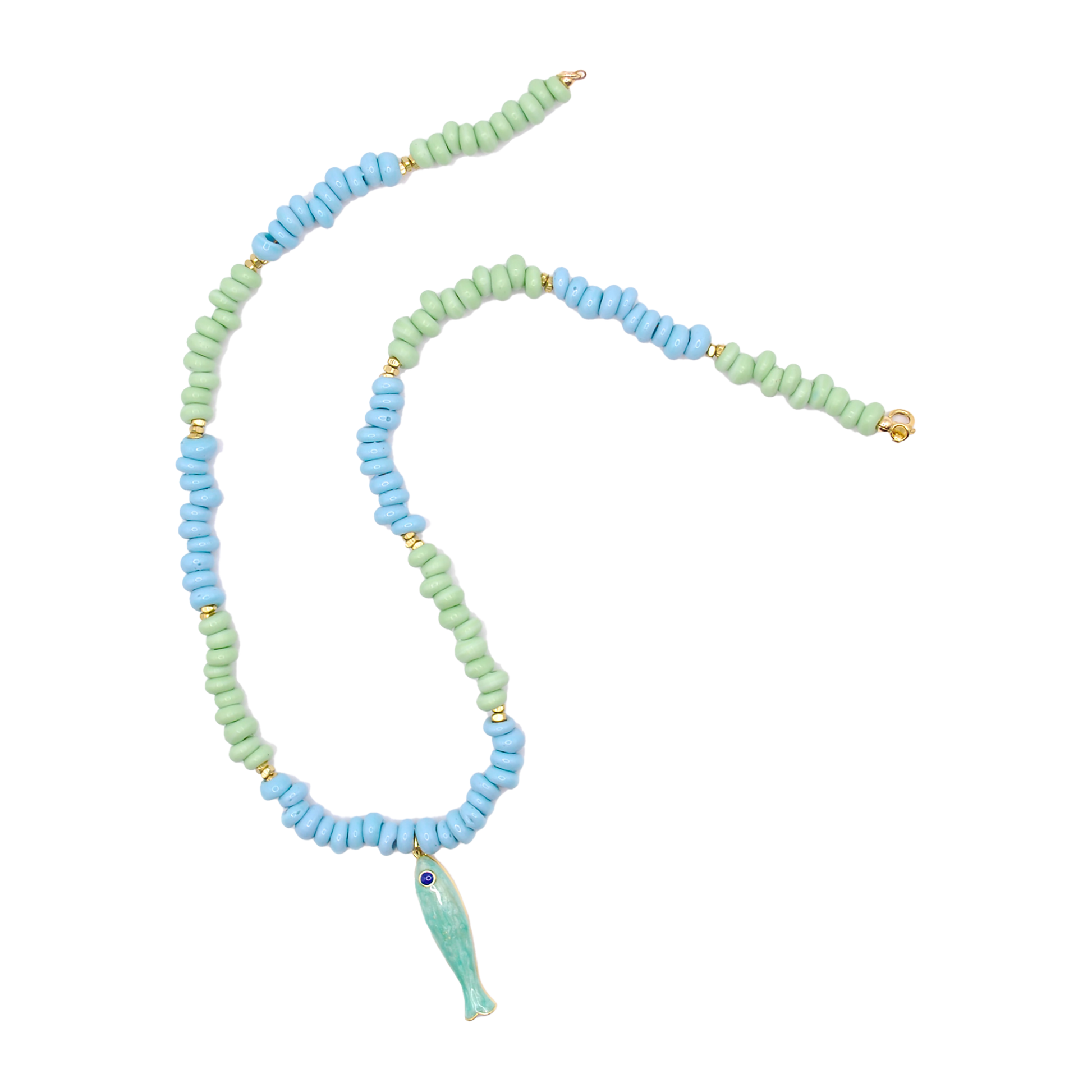 Inspired by naturally tumbled seaglass found along the shore, the 'seaglass' necklace features handcrafted green and blue beads with a green fish charm. 