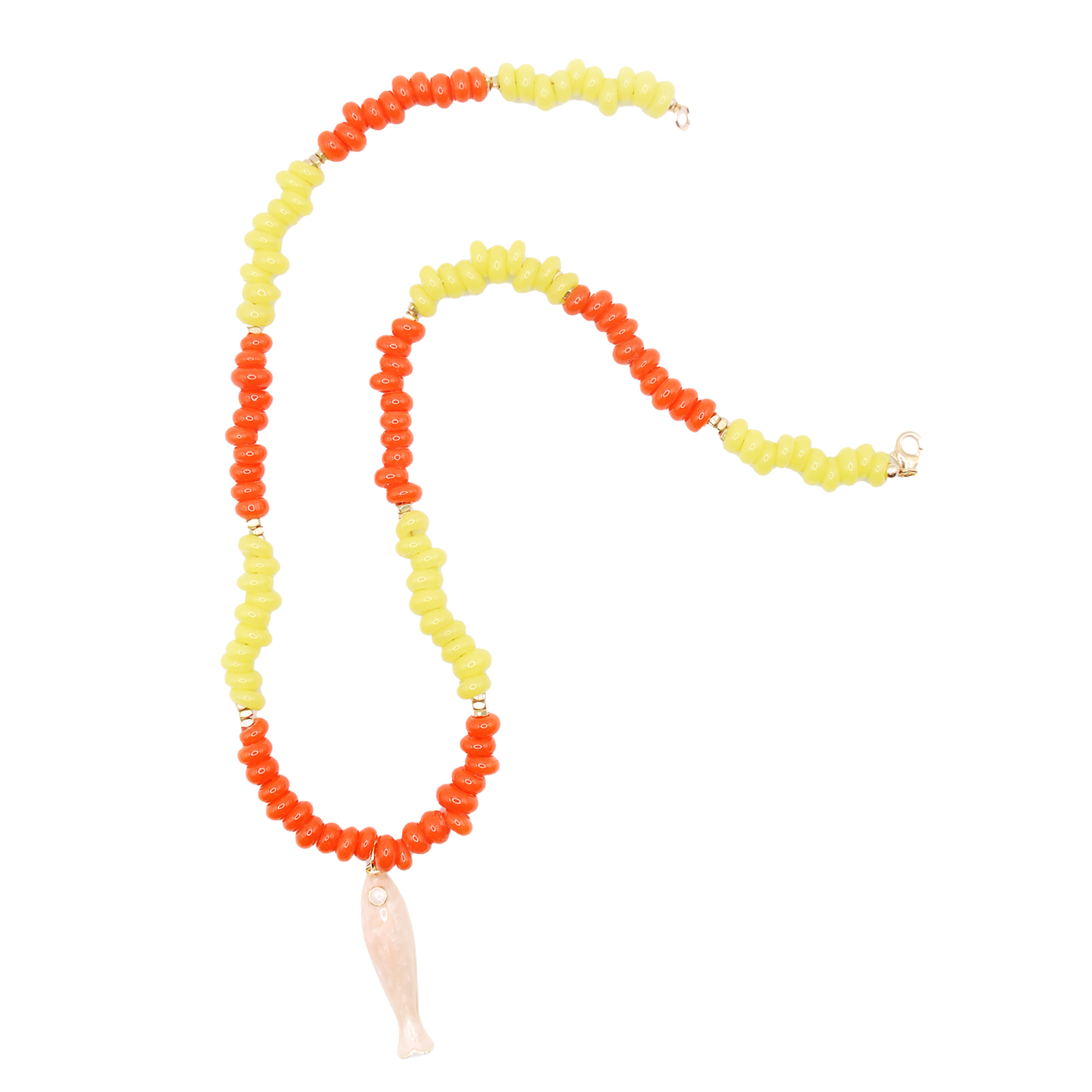 Handmade Morning Tide yellow and orange beaded necklace, with a bold cream-colored fish charm