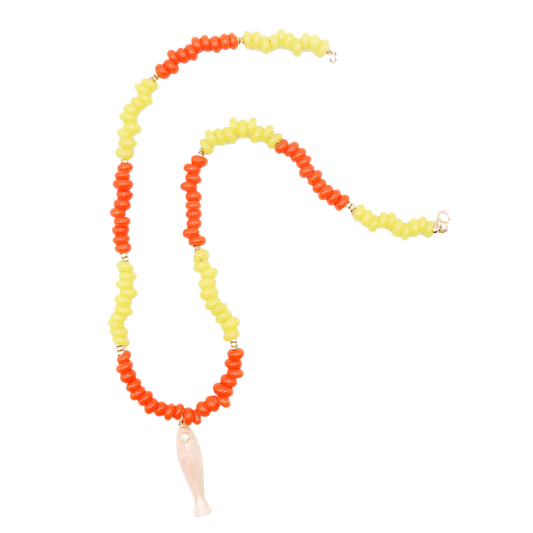 Handmade Morning Tide yellow and orange beaded necklace, with a bold cream-colored fish charm