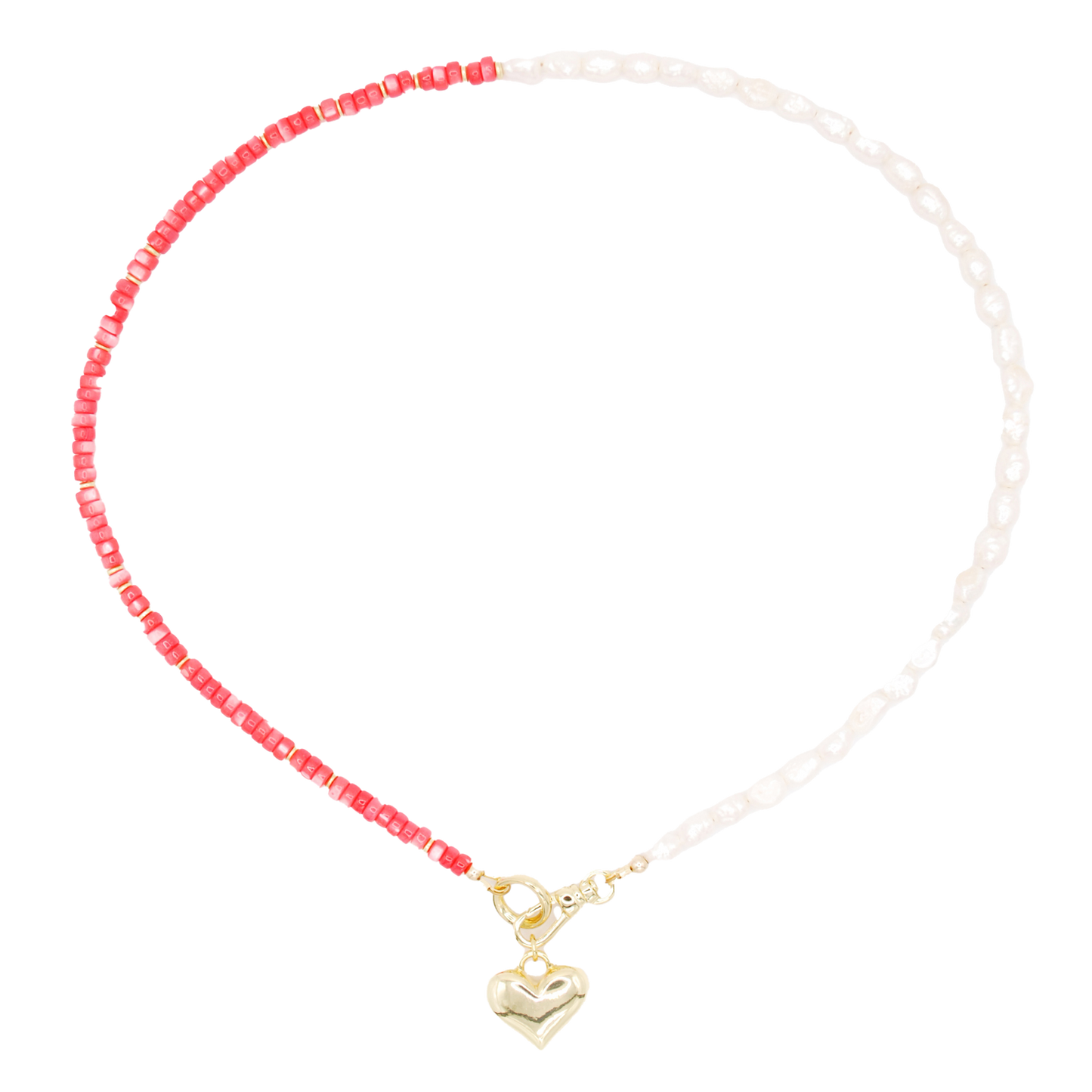 The 'tide and love' necklace pairs handcrafted pearl and coral beads with a meaningful heart charm