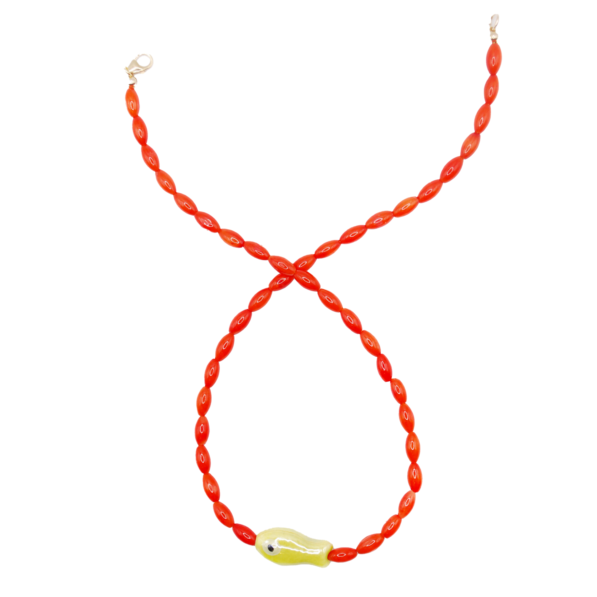 Handmade Blue Tide Minnow necklace with orange bamboo beads and a lime green fish charm