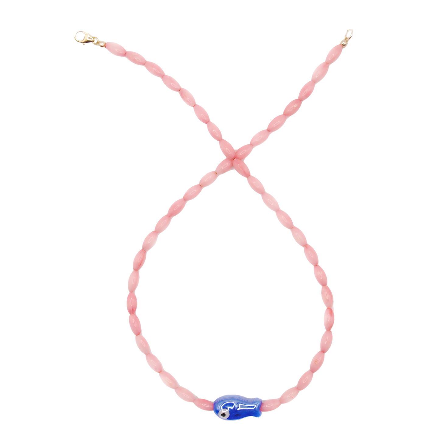 Handmade Blue Tide Minnow necklace with blue fish charm and pink bamboo beads