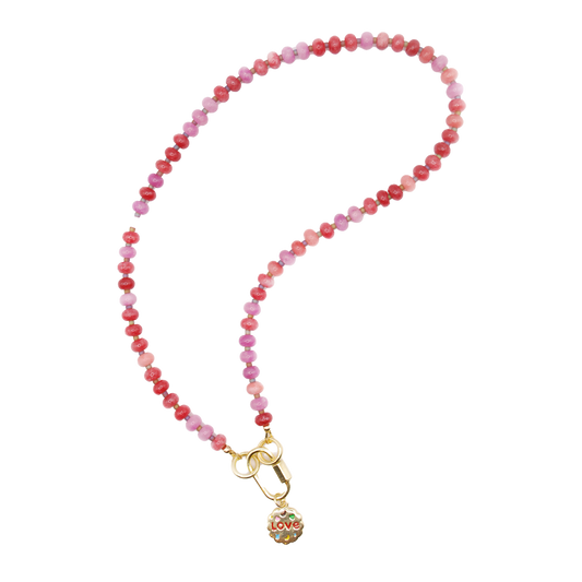 handmade 'pink current' vibrant pink beaded necklace with gold carabiner clasp and lucky/love gold charm