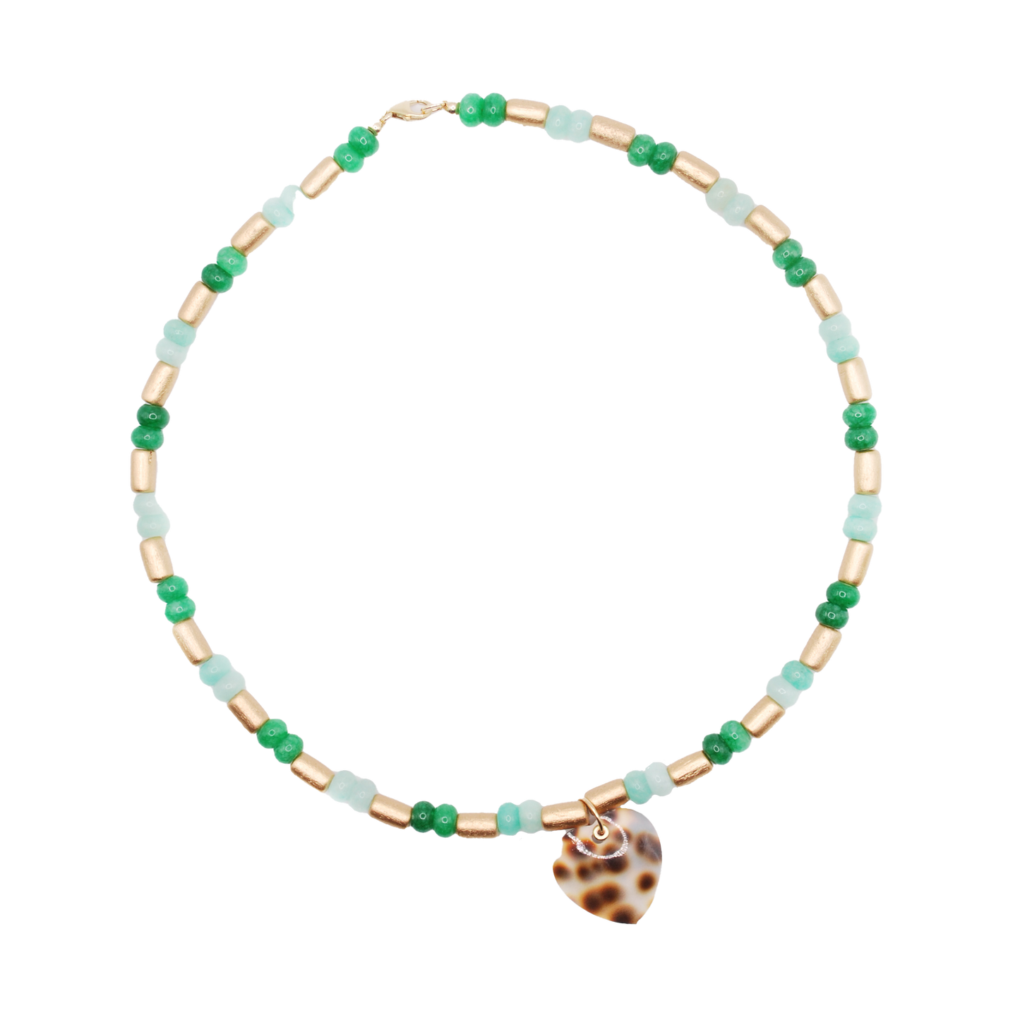 Bold yet wearable, the 'tide breaker' necklace features handcrafted green beads, paired with wooden bead accents and finished with a tiger cowrie shell heart pendant.