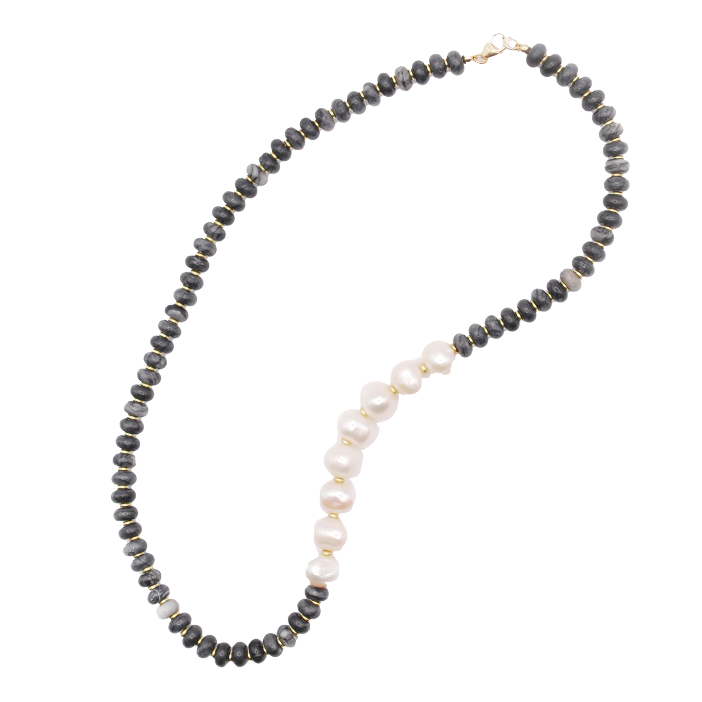 Handmade Midnight Tide deep bead necklace with black marbled bead and pearl bead accents
