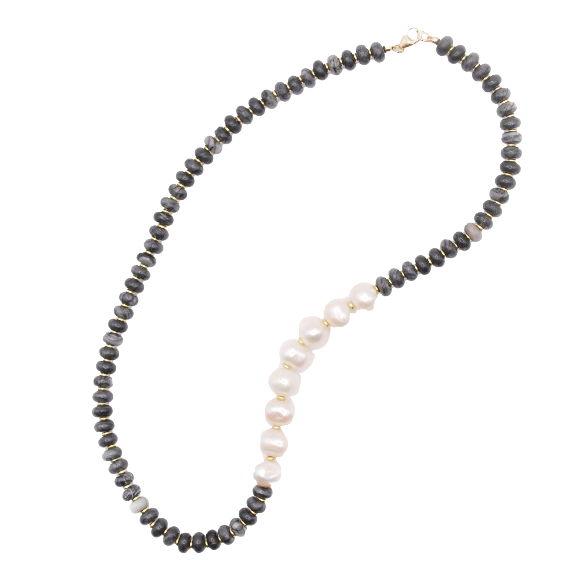 Handmade Midnight Tide deep bead necklace with black marbled bead and pearl bead accents