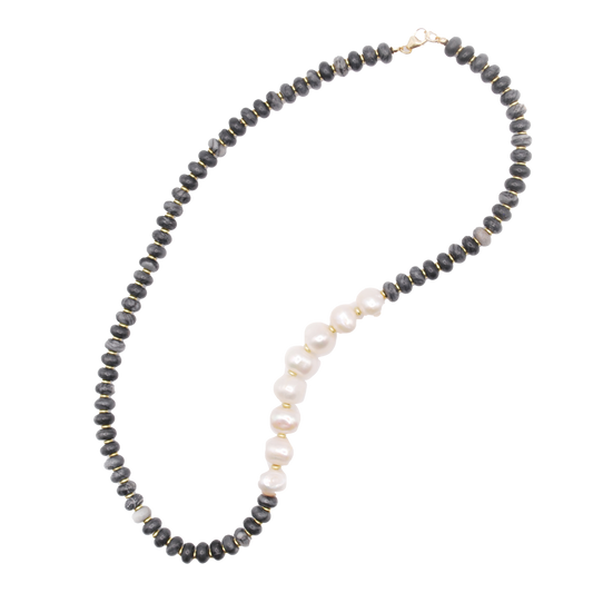 Handmade Midnight Tide deep bead necklace with black marbled bead and pearl bead accents