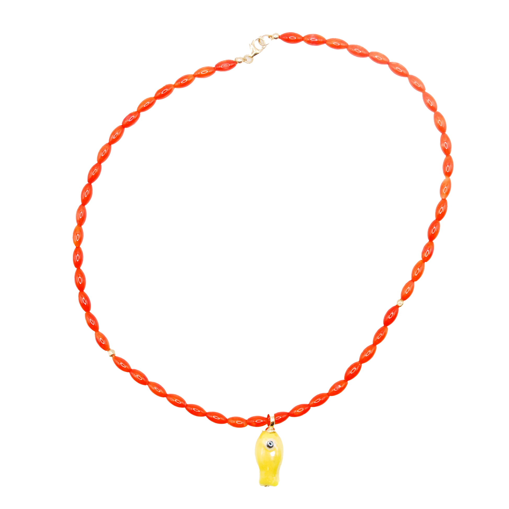 Handmade Orange Tide orange bamboo beaded necklace with yellow fish charm