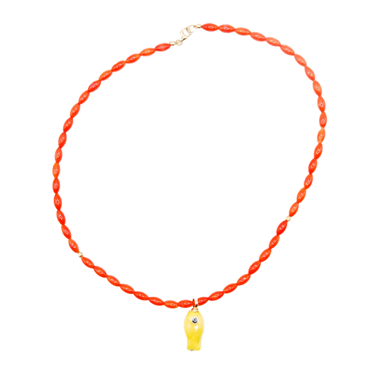 Handmade Orange Tide orange bamboo beaded necklace with yellow fish charm