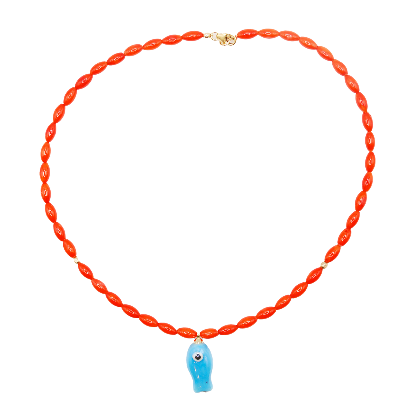 Handmade Orange Tide orange bamboo beaded necklace with blue fish charm