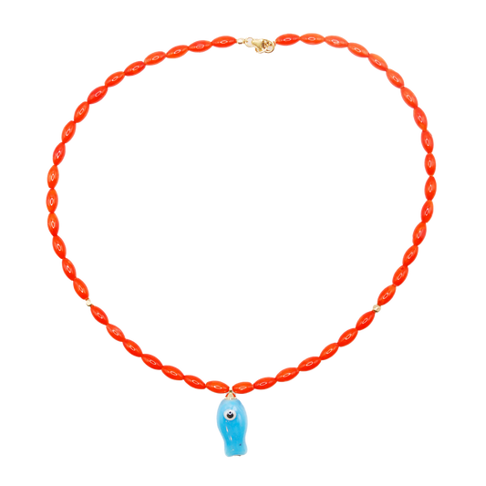 Handmade Orange Tide orange bamboo beaded necklace with blue fish charm