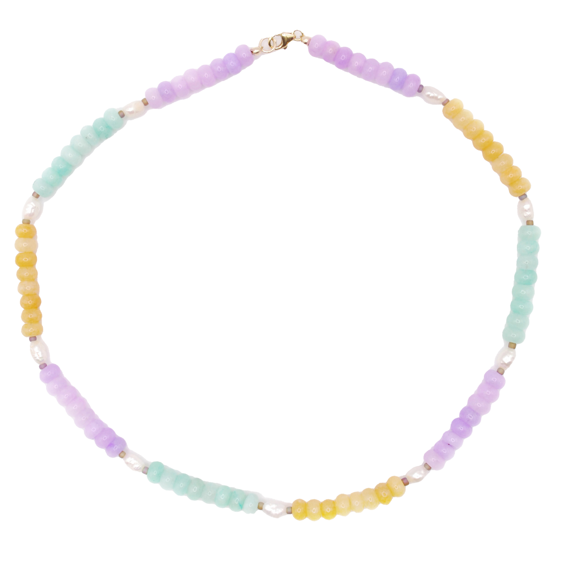 Handmade Mermaid Tide beaded necklace with purple, orange and teal rondelle beads with pearl bead accents
