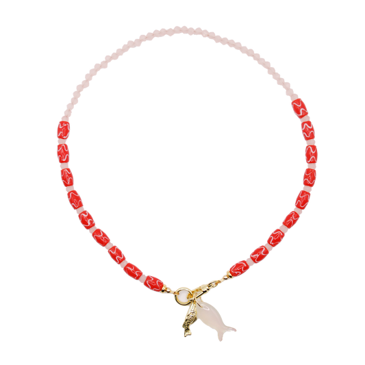 handmade 'coastal rosé' pink beaded necklace with gold accents