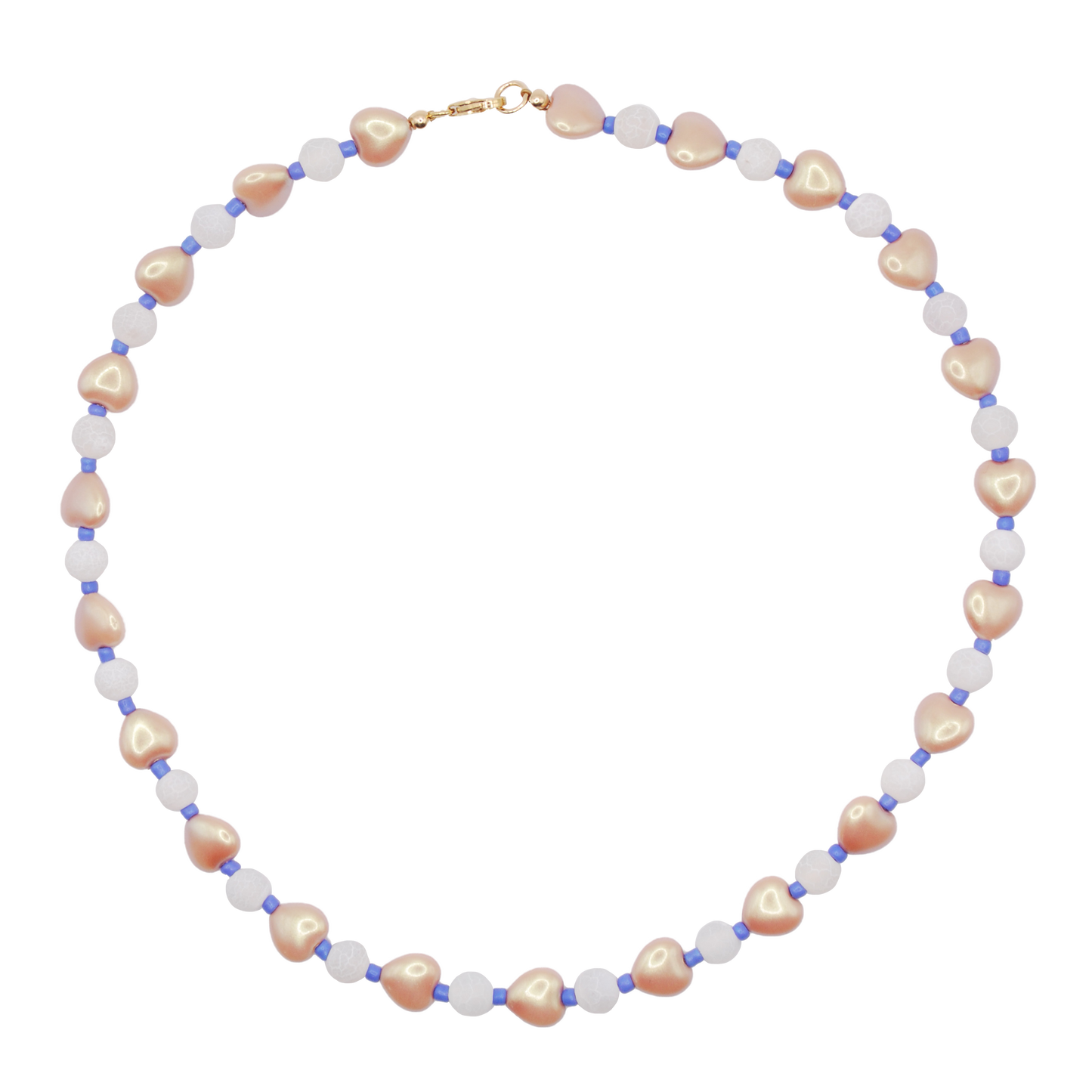 Handmade Saltwater Heart beaded necklace with heart shaped beads and blue and white bead accents