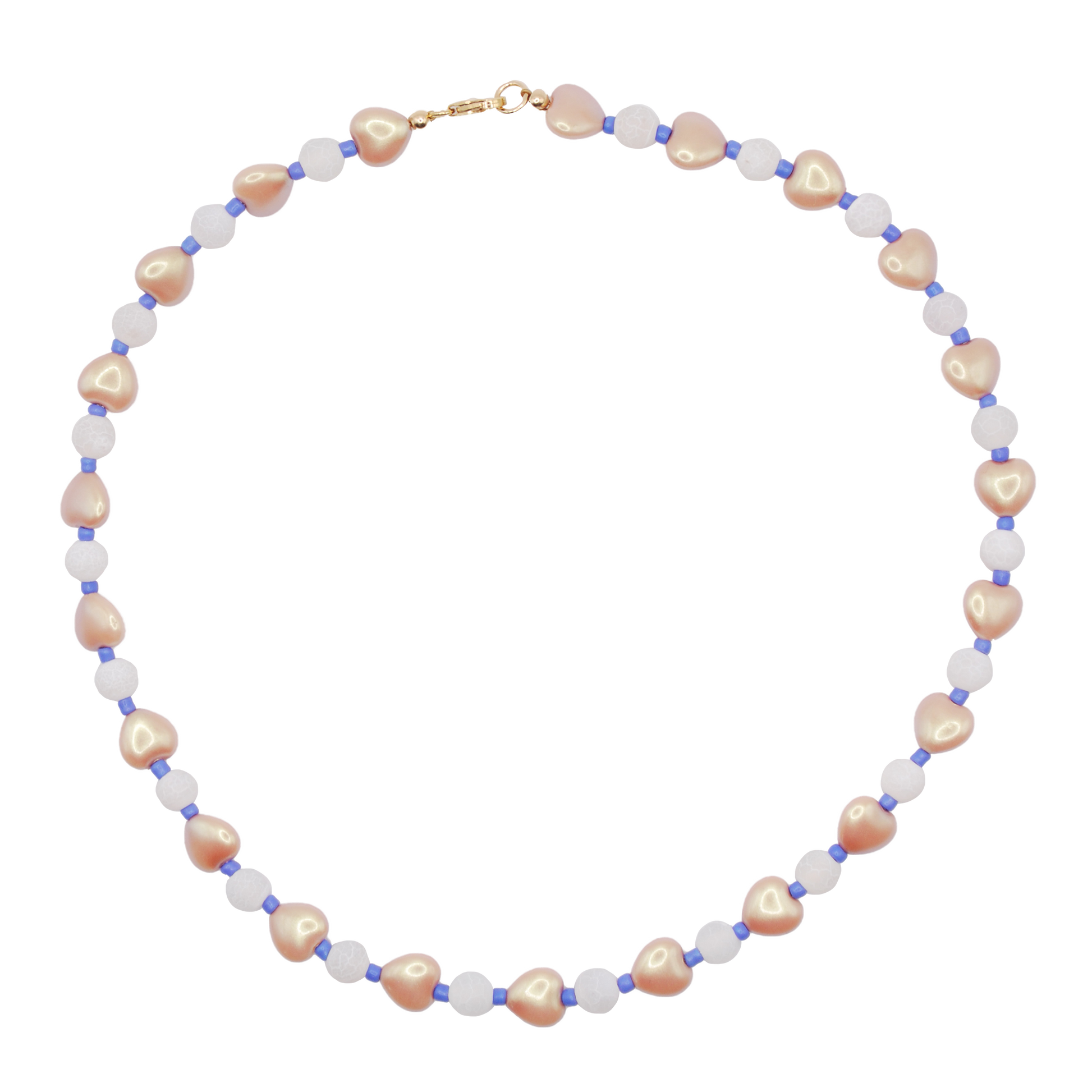 Handmade Saltwater Heart beaded necklace with heart shaped beads and blue and white bead accents