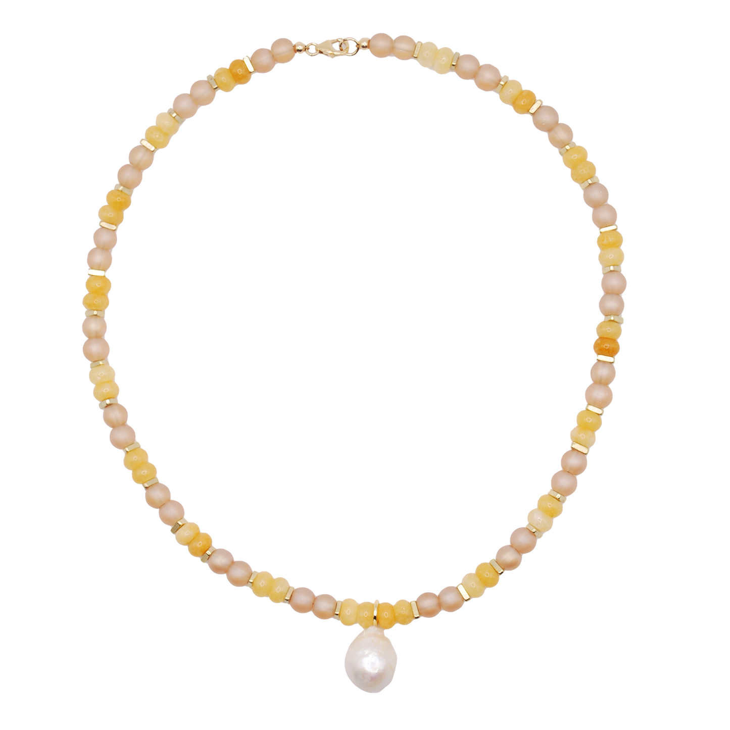 The 'sun drop' necklace features warm, sun-kissed beads finished with a delicate pearl charm charm.