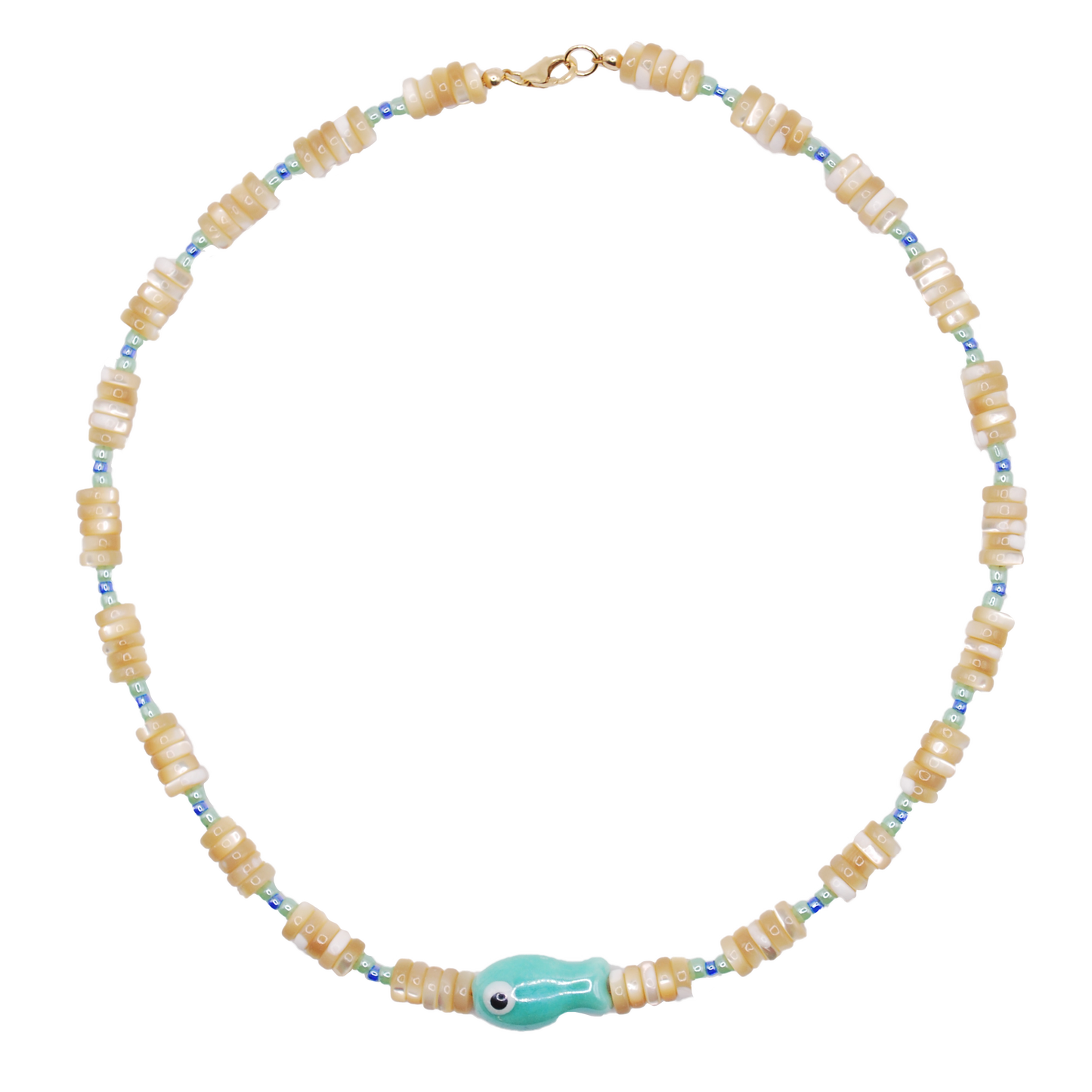 Handmade Lucky Catch beaded necklace with tan shell beads finished with a seafoam green fish bead