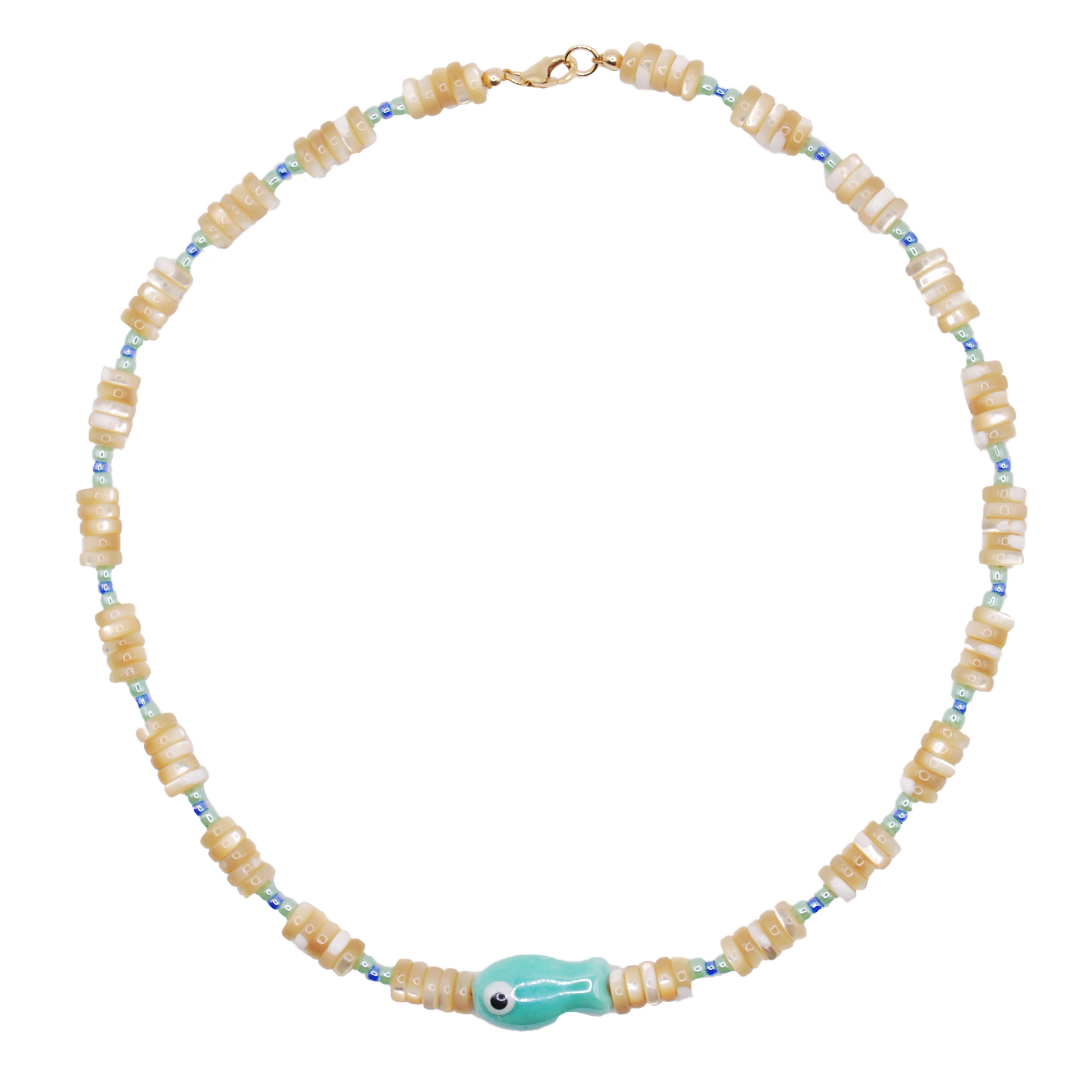 Handmade Lucky Catch beaded necklace with tan shell beads finished with a seafoam green fish bead