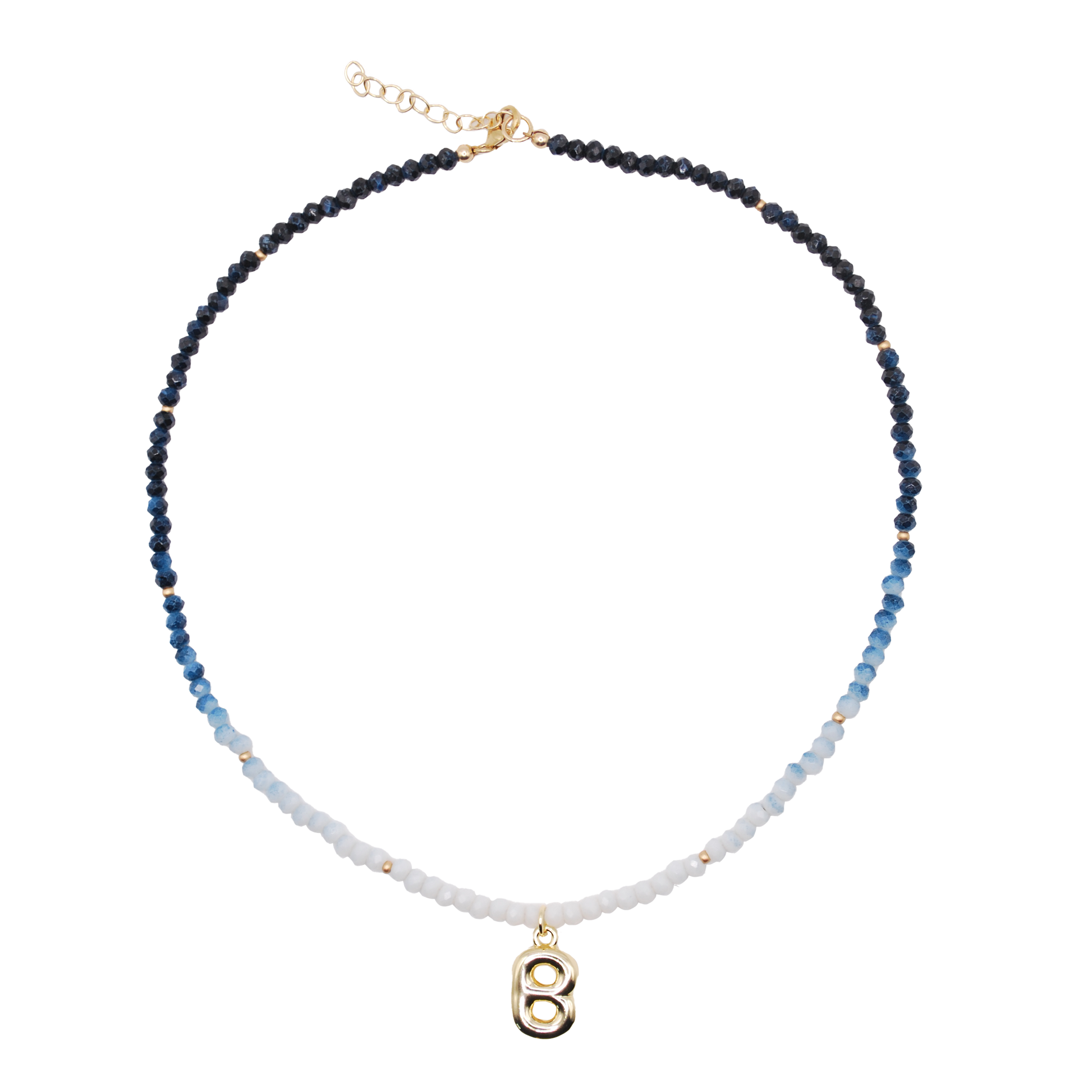 Handmade Calm Blue ombre beaded necklace with gold initial charm