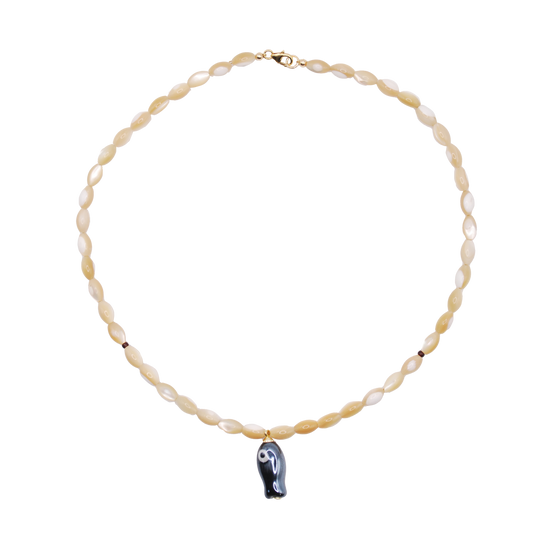 Handmade Moonlit Minnow with tan bamboo beaded necklace with bold black fish charm