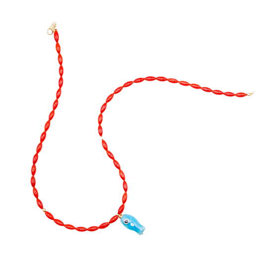 handmade red tide coral beaded necklace with blue fish charm