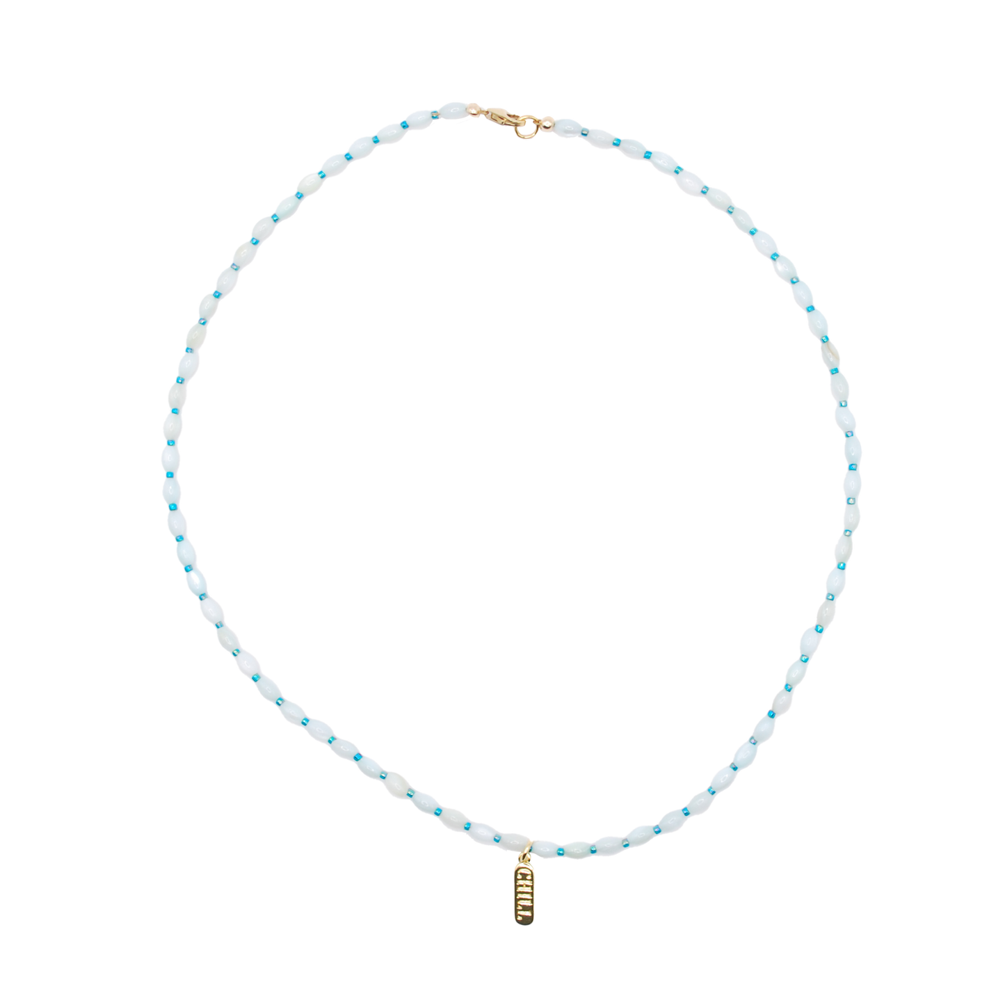 'stay chill' pearl shaped beaded necklace with 'chill' pill shaped charm
