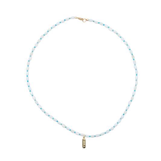 'stay chill' pearl shaped beaded necklace with 'chill' pill shaped charm