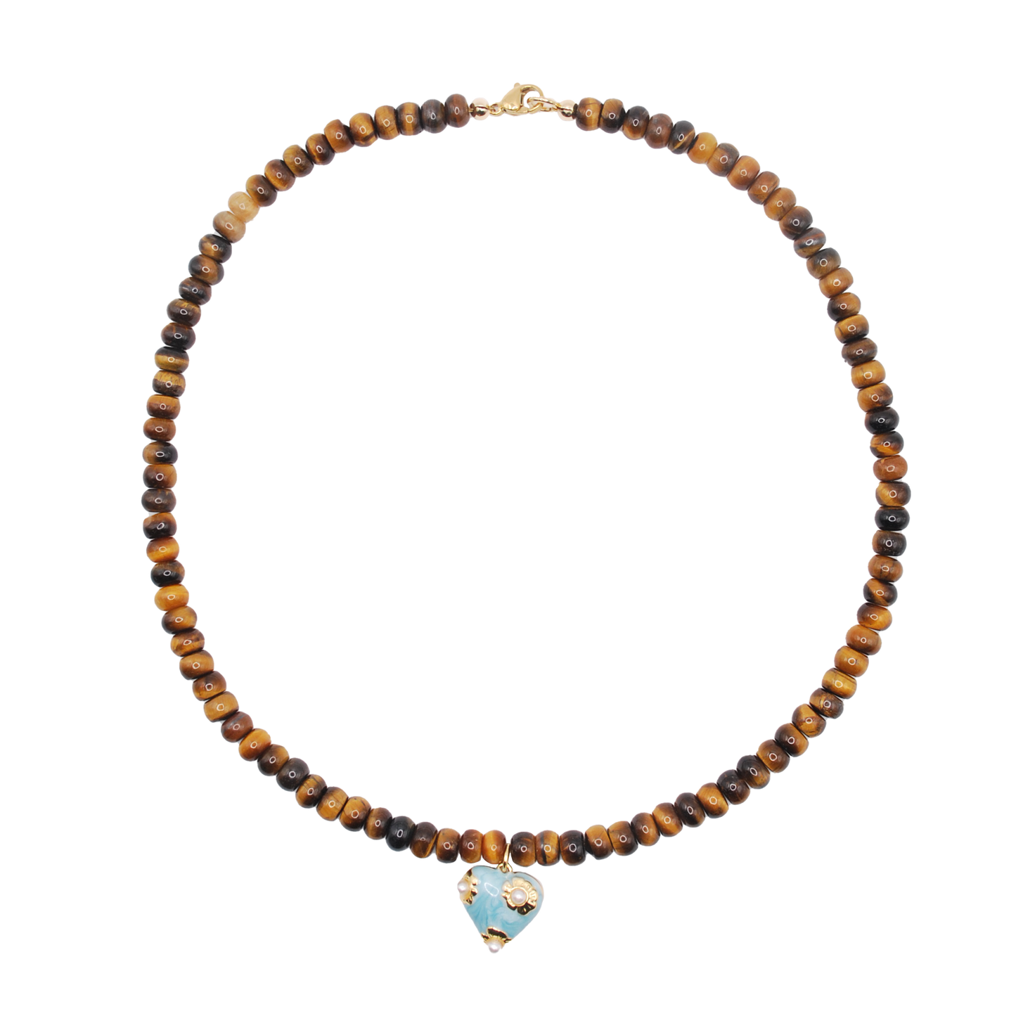 'blue cove' beaded necklace with blue heart charm with pearl accents