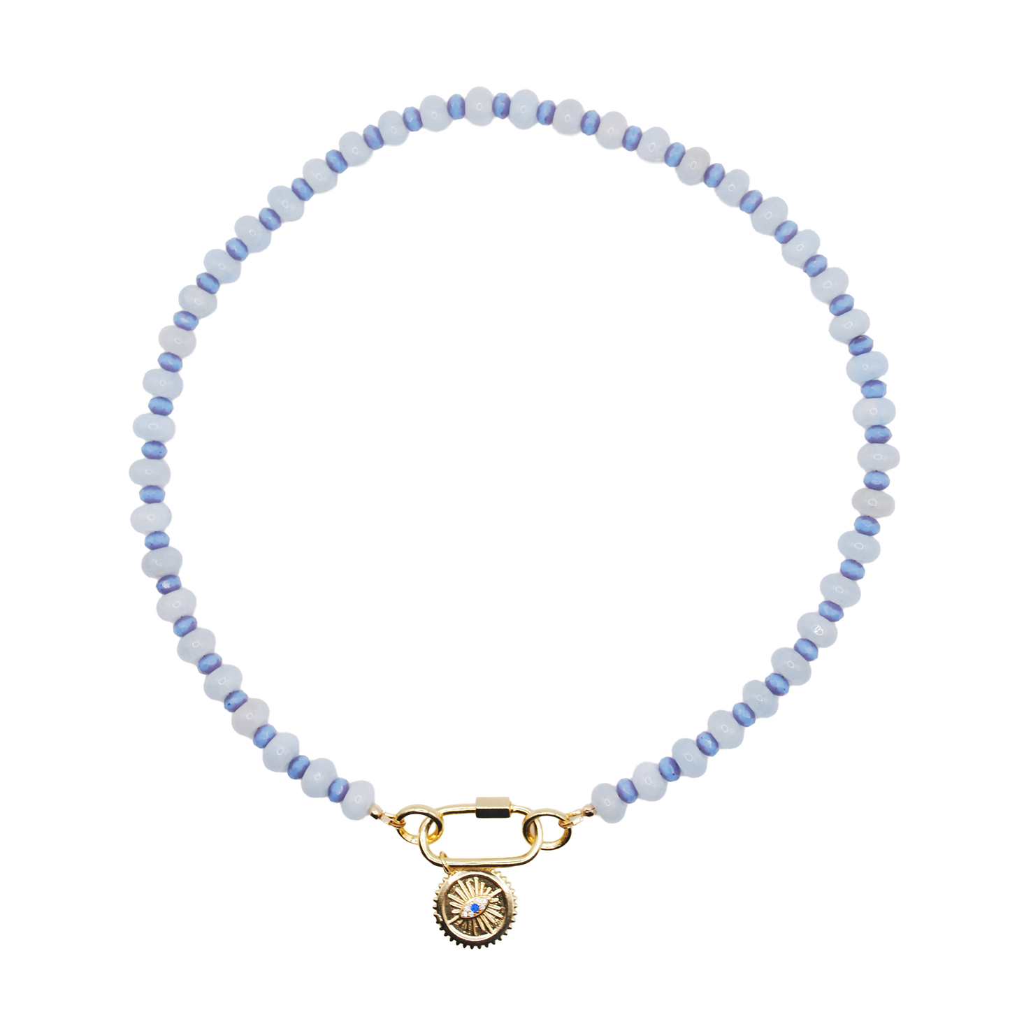 'blue eye' beaded necklace with evil eye charm and gold carabiner clasp