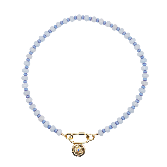 'blue eye' beaded necklace with evil eye charm and gold carabiner clasp