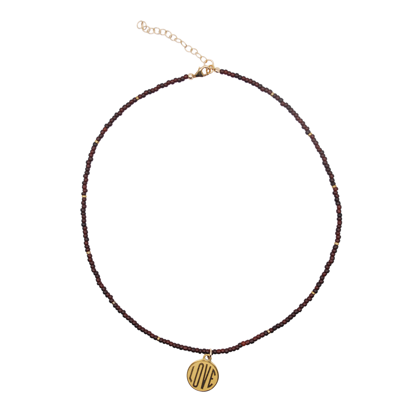 'deep tide love' garnet seed bead necklace with gold love charm