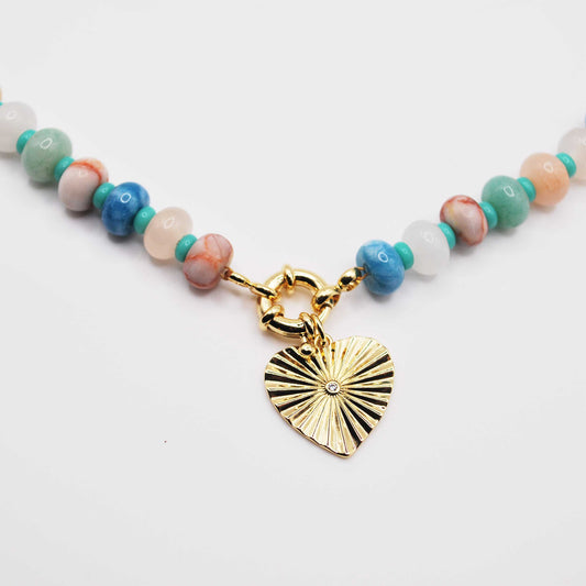 'shore thing' mixed stone beaded necklace with sunburst heart charm