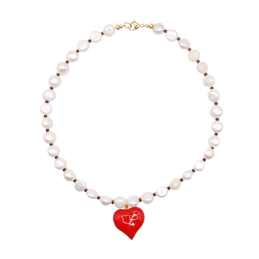 'pearl crush' freshwater coin pearl choker with red heart charm