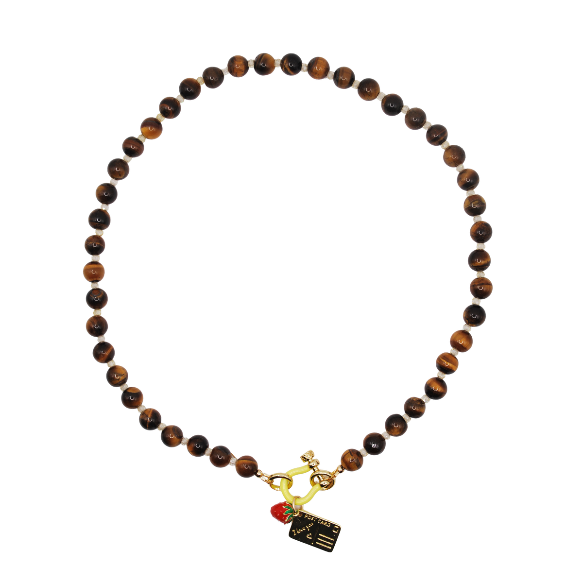 'sweet somewhere' tiger's eye beaded necklace with strawberry and postcard charms