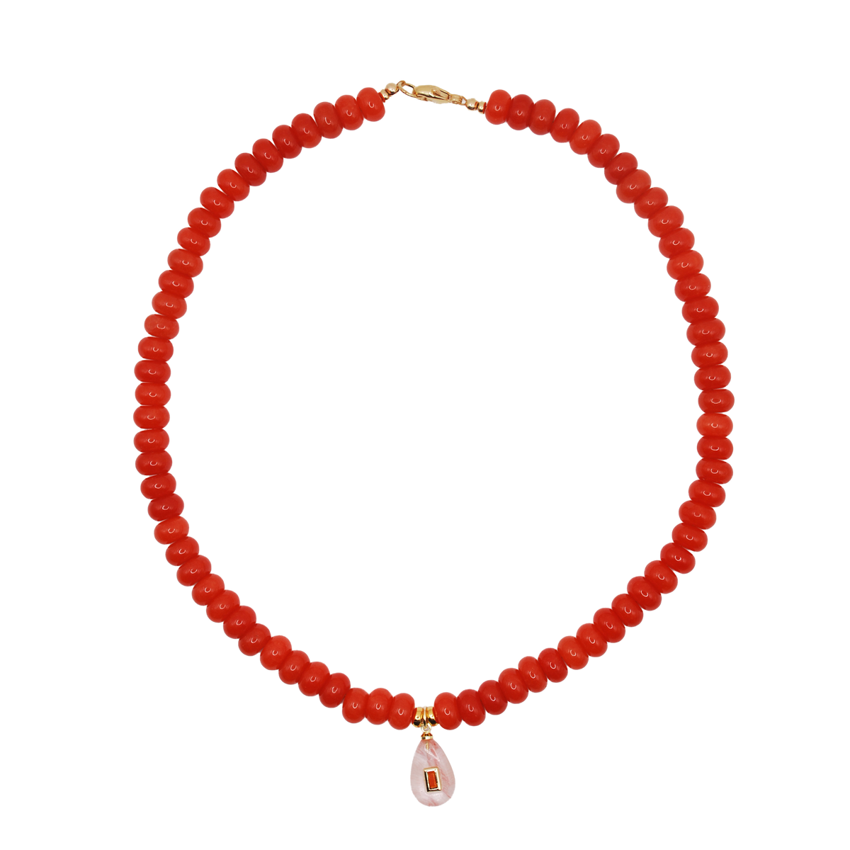 'coral current' beaded necklace with rose quartz briolette charm