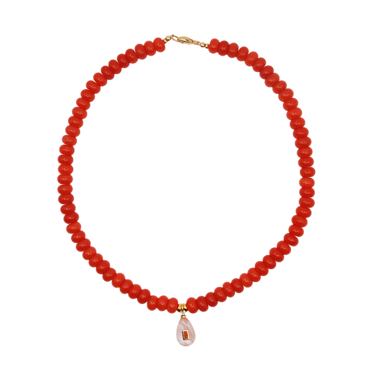 'coral current' beaded necklace with rose quartz briolette charm