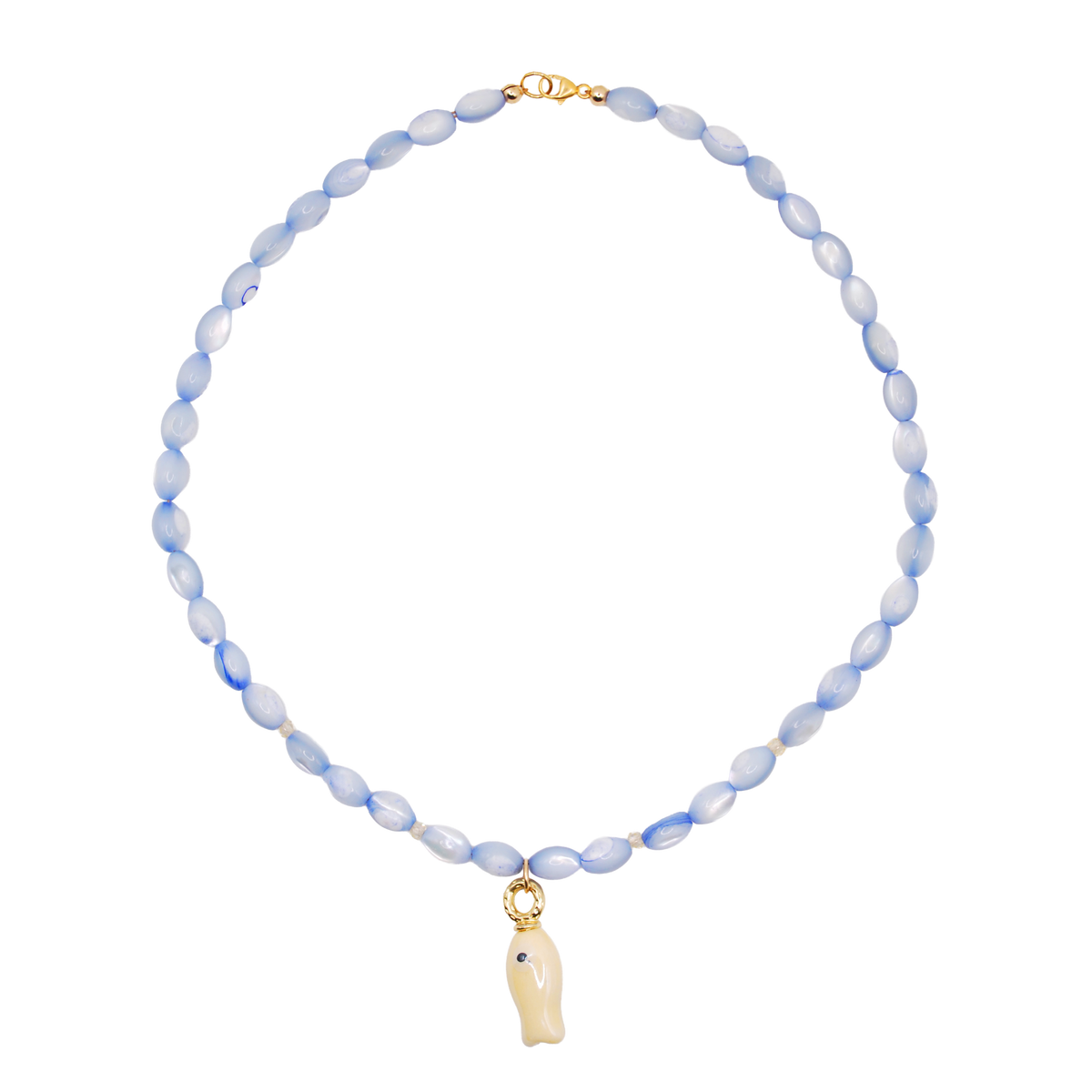 'gone fishing' blue lace agate beaded necklace with carved fish charm