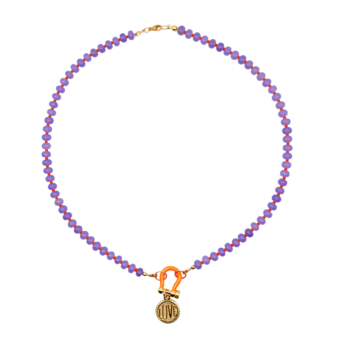 'orchid tide' lavender beaded necklace with gold love charm