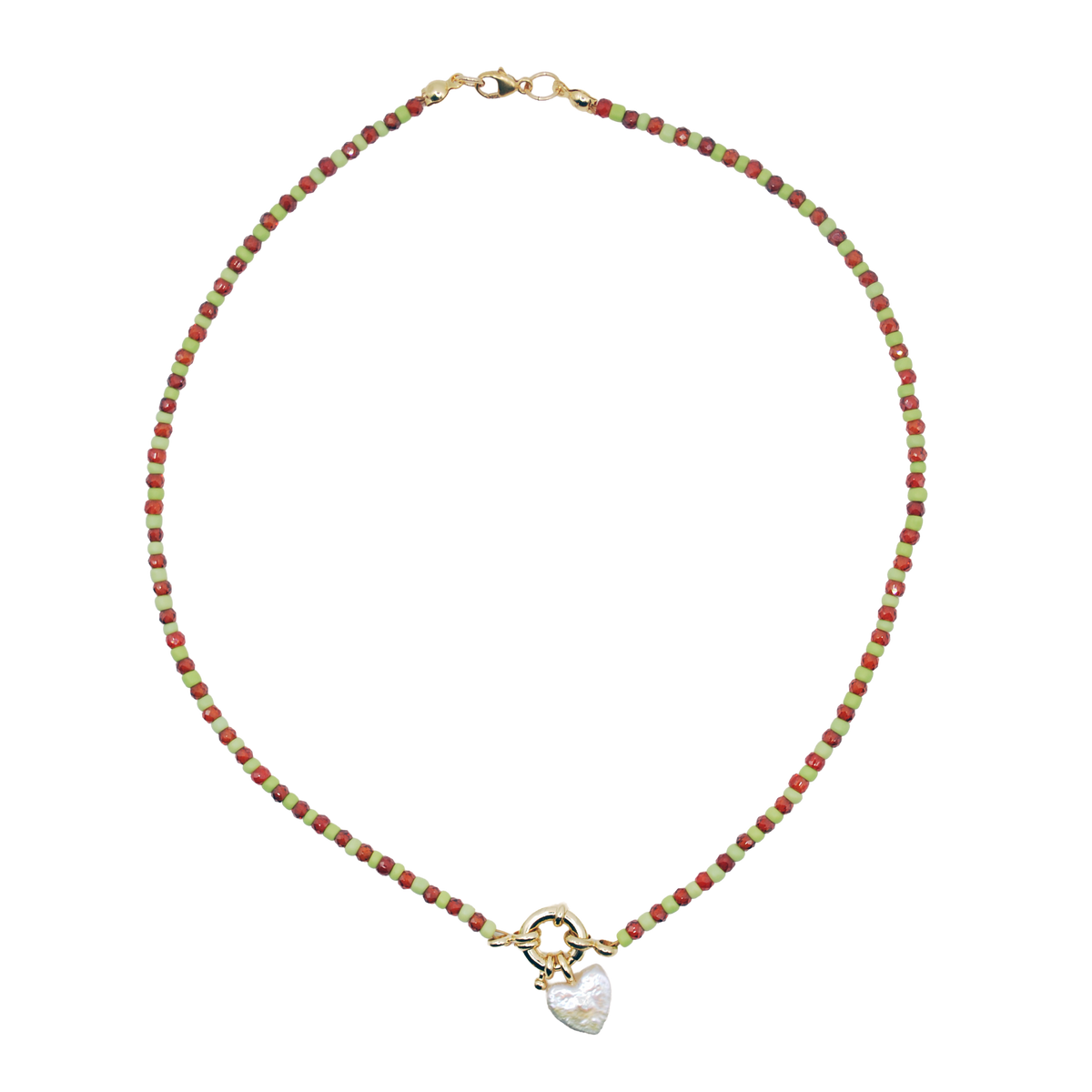 'sea moss' beaded necklace with pearl heart charm