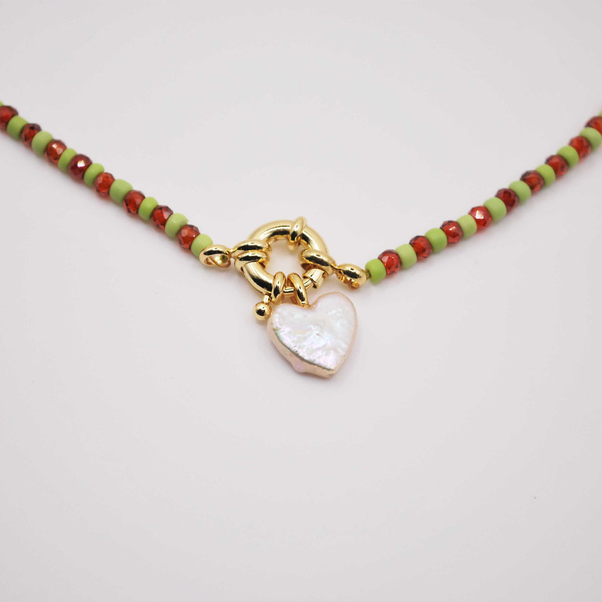 'sea moss' beaded necklace with pearl heart charm