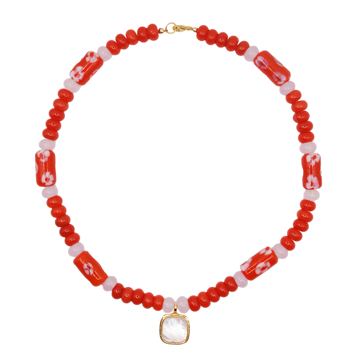 ‘scarlet blossom’ red lampwork beaded necklace with mother-of-pearl charm
