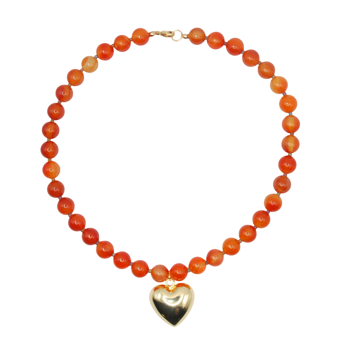 spiced coral’ carnelian beaded necklace with gold heart charm